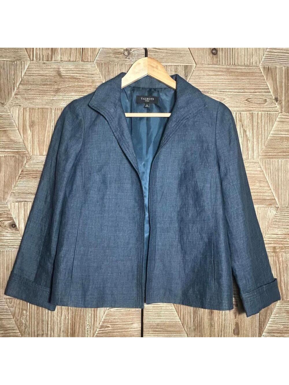 Talbots Navy 100% Linen Open Front Blazer Size 6P Professional Coastal Chic